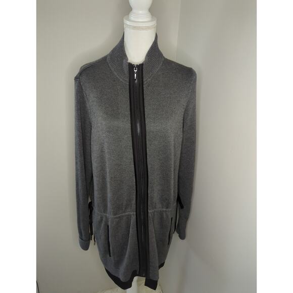 WHBM mixed media long tie waist neutral sweater zip up jacket - Picture 3 of 10